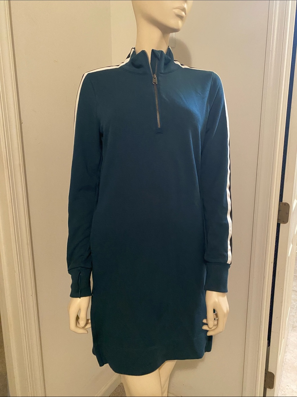 Athleta Teal Half-Zip Long-Sleeve Dress with White Sleeve Stripes